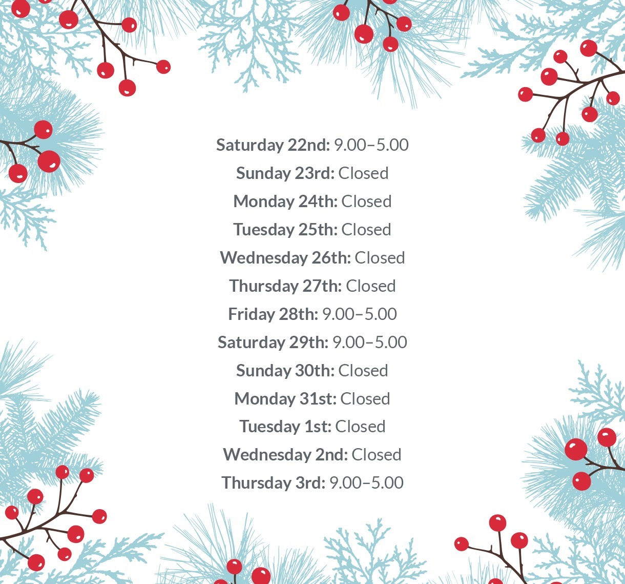 Christmas Opening Times